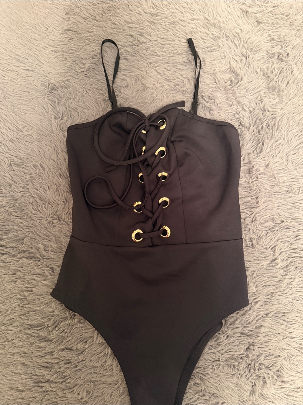 SHEIN Black Tie-Up Corset Bodysuit with Gold Eyelets Size Small